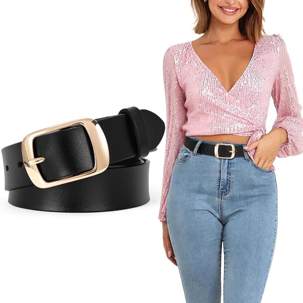 Fashion Womens Leather Belt, Soft Leather Waist Belt with Gold Pin Buckle for Je